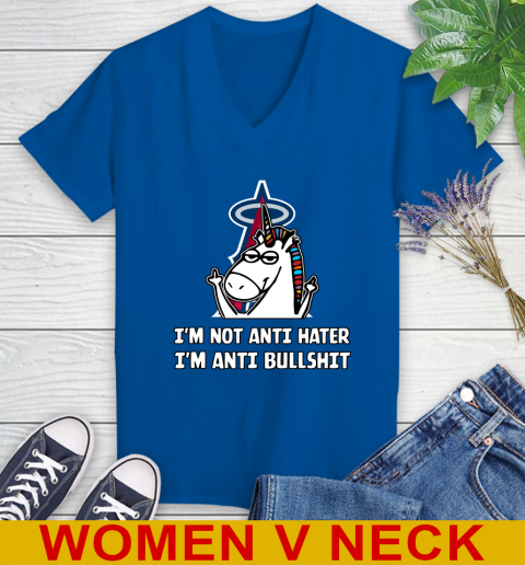 Los Angeles Angels MLB Baseball Unicorn I'm Not Anti Hater I'm Anti Bullshit (1) Women's V-Neck T-Shirt 11