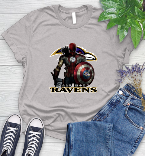 NFL Captain America Thor Spider Man Hawkeye Avengers Endgame Football Baltimore Ravens Women's T-Shirt 10