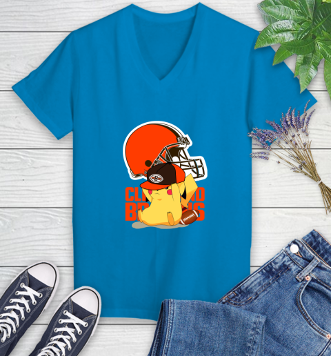 NFL Pikachu Football Sports Cleveland Browns Women's V-Neck T-Shirt 7