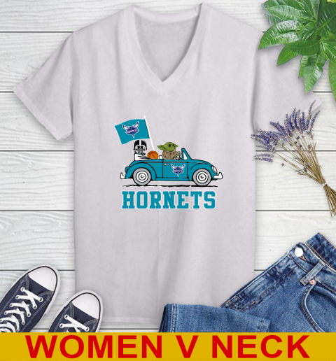 NBA Basketball Charlotte Hornets Darth Vader Baby Yoda Driving Star Wars Shirt Women's V-Neck T-Shirt