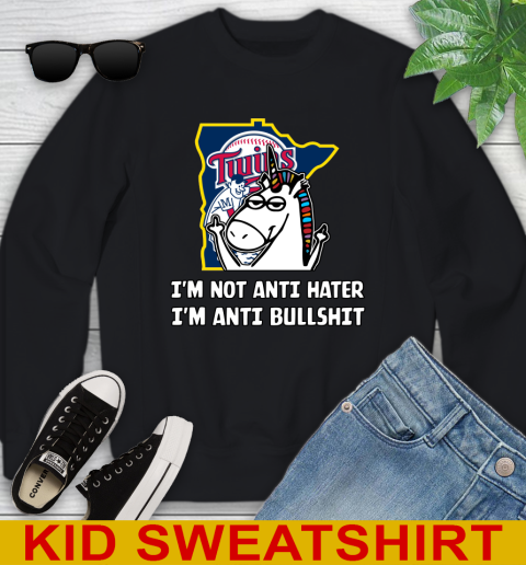 Minnesota Twins MLB Baseball Unicorn I'm Not Anti Hater I'm Anti Bullshit Youth Sweatshirt 2
