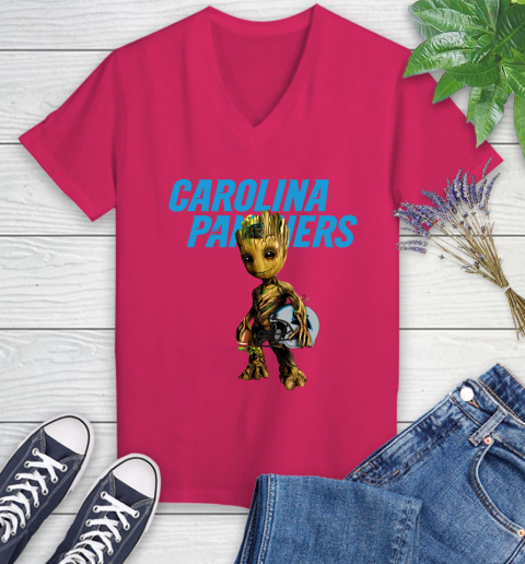 Carolina Panthers NFL Football Groot Marvel Guardians Of The Galaxy Women's V-Neck T-Shirt 9