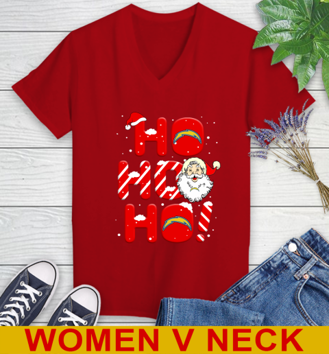 Los Angeles Chargers NFL Football Ho Ho Ho Santa Claus Merry Christmas Shirt Women's V-Neck T-Shirt 10