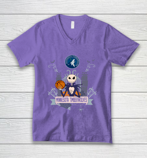 NBA Minnesota Timberwolves Basketball Jack Skellington Halloween V-Neck T-Shirt 8