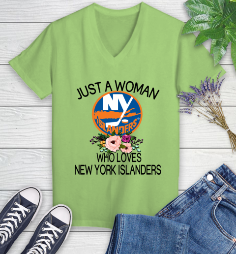 NHL Just A Woman Who Loves New York Islanders Hockey Sports Women's V-Neck T-Shirt 6