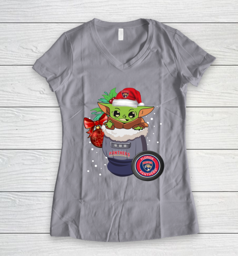 Florida Panthers Christmas Baby Yoda Star Wars Funny Happy NHL Women's V-Neck T-Shirt 4