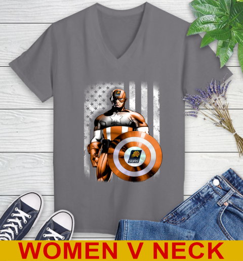 Phoenix Suns NBA Basketball Captain America Marvel Avengers American Flag Shirt Women's V-Neck T-Shirt 11