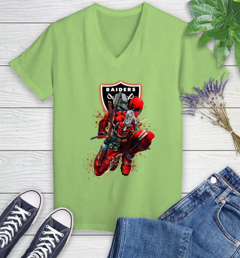 NFL Deadpool Marvel Comics Sports Football Oakland Raiders Women's V-Neck T-Shirt 11