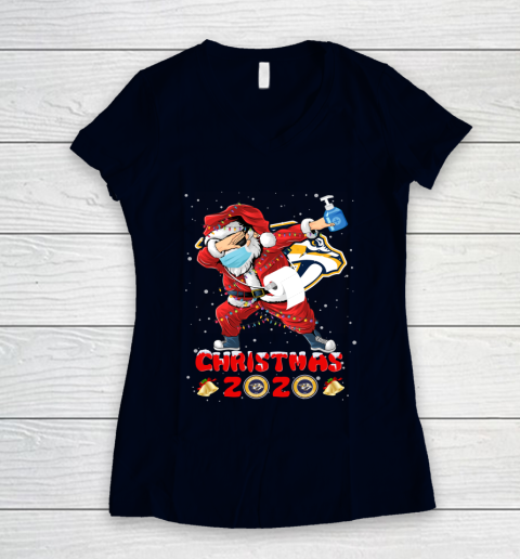 Nashville Predators Funny Santa Claus Dabbing Christmas 2020 NHL Women's V-Neck T-Shirt 2