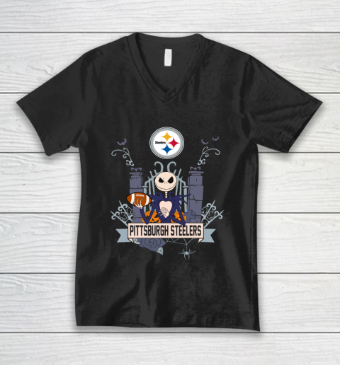 NFL Pittsburgh Steelers Football Jack Skellington Halloween V-Neck T-Shirt