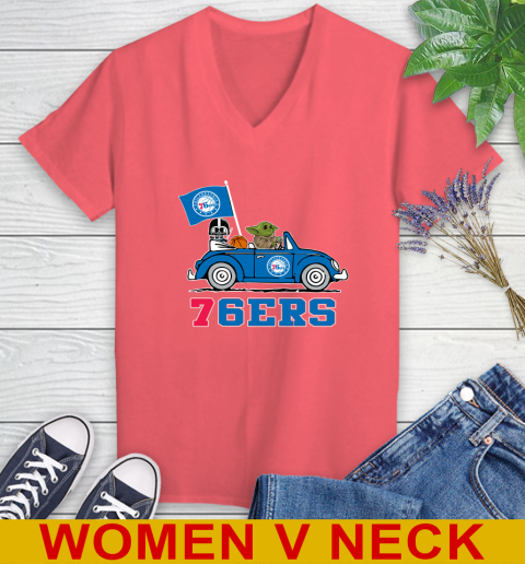 NBA Basketball Philadelphia 76ers Darth Vader Baby Yoda Driving Star Wars Shirt Women's V-Neck T-Shirt 7