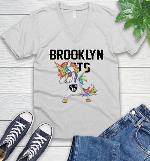 Brooklyn Nets NBA Basketball Funny Unicorn Dabbing Sports V-Neck T-Shirt