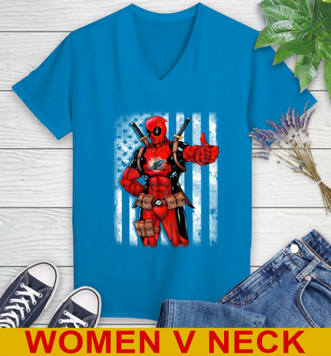 NFL Football Miami Dolphins Deadpool American Flag Shirt Women's V-Neck T-Shirt 7