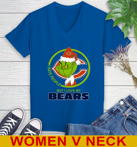 Chicago Bears NFL Christmas Grinch I Hate People But I Love My Favorite Football Team Women's V-Neck T-Shirt 11