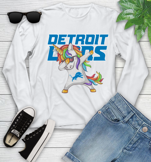 Detroit Lions NFL Football Funny Unicorn Dabbing Sports Youth Long Sleeve