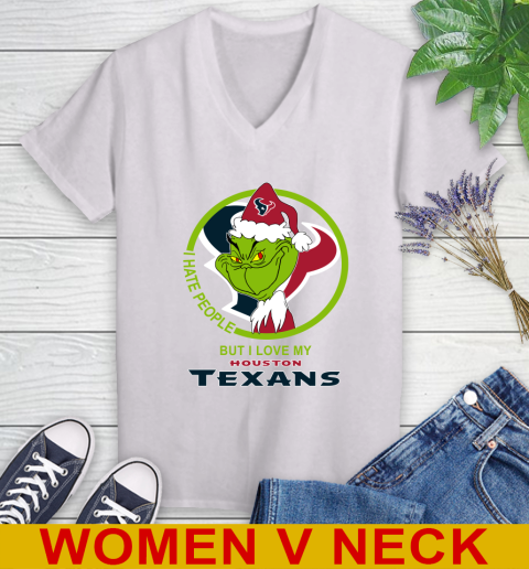 Houston Texans NFL Christmas Grinch I Hate People But I Love My Favorite Football Team Women's V-Neck T-Shirt