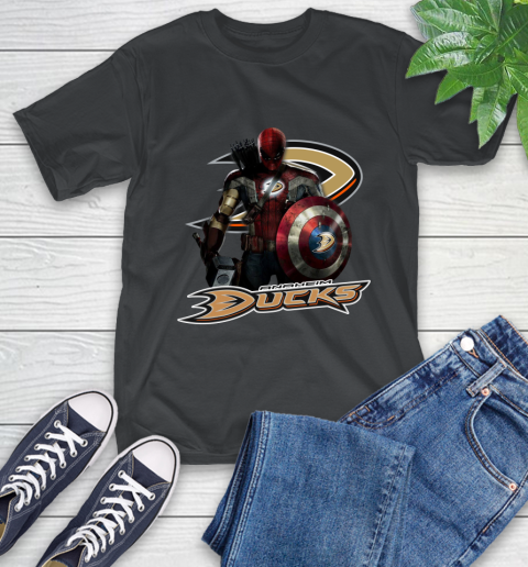 NHL Captain America Thor Spider Man Hawkeye Avengers Endgame Hockey Anaheim Ducks T-Shirt 2