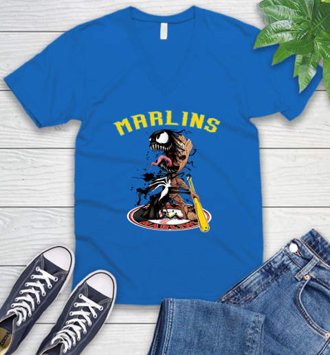 MLB Miami Marlins Baseball Venom Groot Guardians Of The Galaxy V-Neck T-Shirt 6