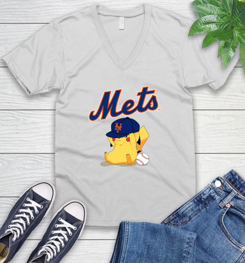 MLB Pikachu Baseball Sports New York Mets V-Neck T-Shirt