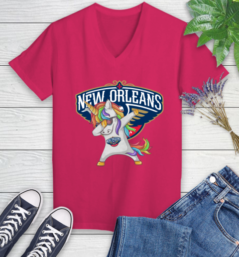 New Orleans Pelicans NBA Basketball Funny Unicorn Dabbing Sports Women's V-Neck T-Shirt 9