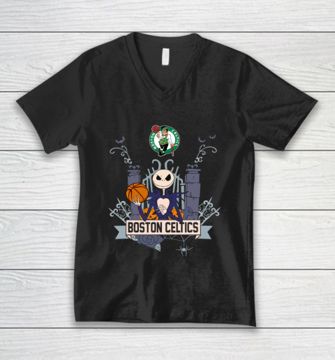 NBA Boston Celtics Basketball Jack Skellington Halloween V-Neck T-Shirt