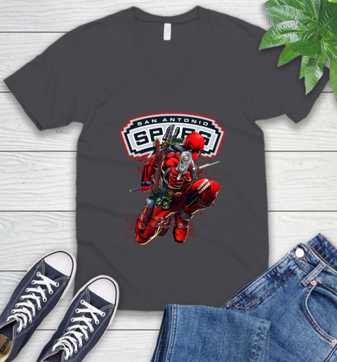 NBA Deadpool Marvel Comics Sports Basketball San Antonio Spurs V-Neck T-Shirt 5