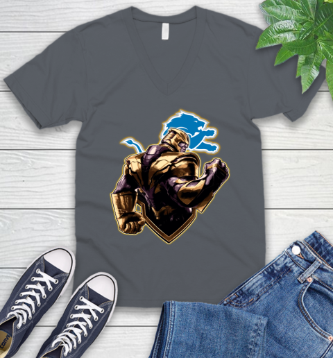 NFL Thanos Avengers Endgame Football Sports Detroit Lions V-Neck T-Shirt 5