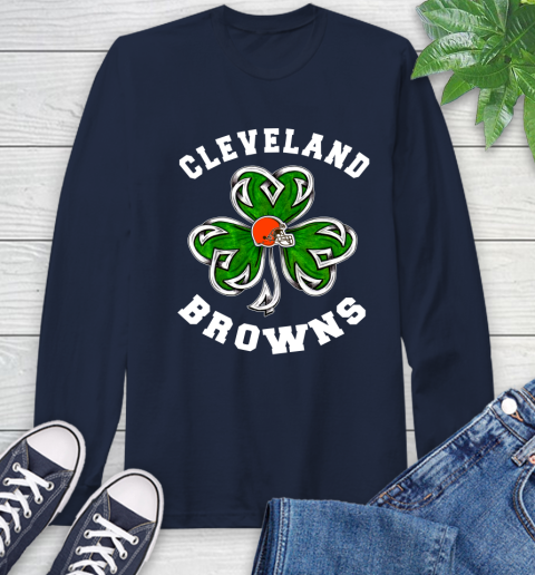 NFL Cleveland Browns Three Leaf Clover St Patrick's Day Football Sports Long Sleeve T-Shirt 3