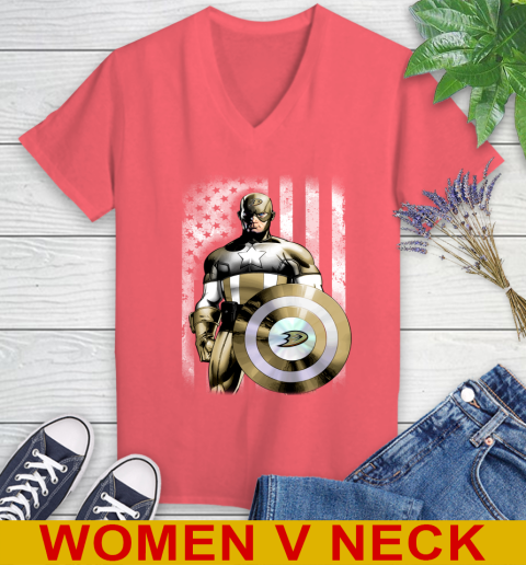 Anaheim Ducks NHL Hockey Captain America Marvel Avengers American Flag Shirt Women's V-Neck T-Shirt 6