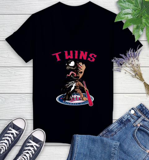 MLB Minnesota Twins Baseball Venom Groot Guardians Of The Galaxy Women's V-Neck T-Shirt 2