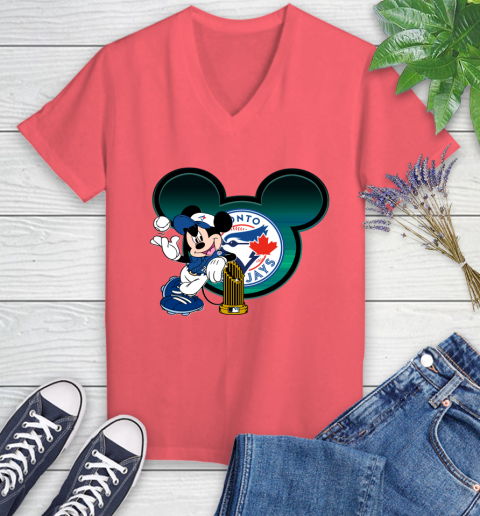 MLB Toronto Blue Jays The Commissioner's Trophy Mickey Mouse Disney Women's V-Neck T-Shirt 6