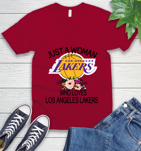 NBA Just A Woman Who Loves Los Angeles Lakers Basketball Sports V-Neck T-Shirt 5