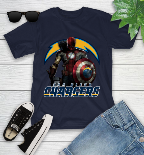 NFL Captain America Thor Spider Man Hawkeye Avengers Endgame Football San Diego Chargers Youth T-Shirt 3