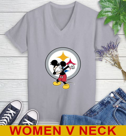 Pittsburgh Steelers NFL Football Dabbing Mickey Disney Sports Women's V-Neck T-Shirt 5