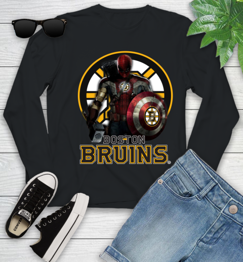 NHL Captain America Thor Spider Man Hawkeye Avengers Endgame Hockey Boston Bruins Youth Long Sleeve 2