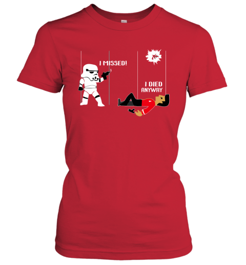 rk86 star wars star trek a stormtrooper and a redshirt in a fight shirts ladies t shirt 20 front red