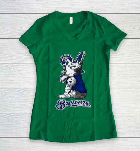 MLB Baseball My Cat Loves Milwaukee Brewers Women's V-Neck T-Shirt 3