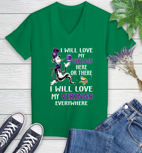 NFL Football Minnesota Vikings I Will Love My Vikings Everywhere Dr Seuss Shirt Women's V-Neck T-Shirt 4