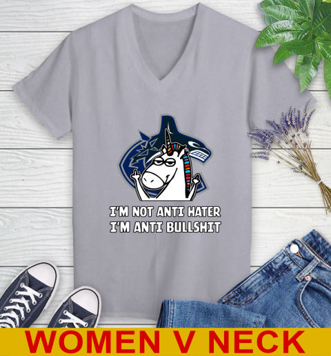 Vancouver Canucks NHL Hockey Unicorn I'm Not Anti Hater I'm Anti Bullshit Women's V-Neck T-Shirt 5