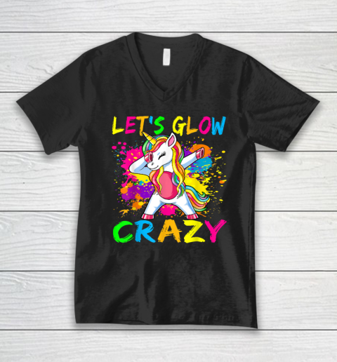 Unicorn Let's Glow Crazy Retro 80s Birthday Party Squad V-Neck T-Shirt