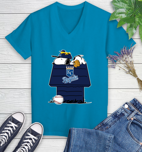 MLB Kansas City Royals Snoopy Woodstock The Peanuts Movie Baseball T Shirt Women's V-Neck T-Shirt 7