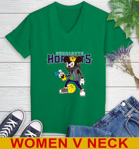 Charlotte Hornets NBA Basketball Mickey Peace Sign Sports Women's V-Neck T-Shirt 6
