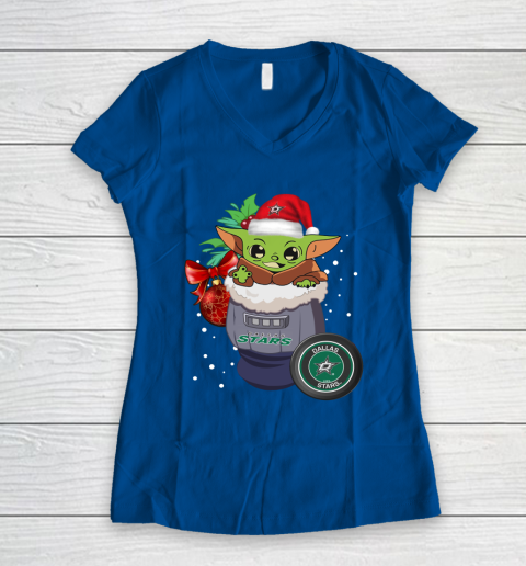 Dallas Stars Christmas Baby Yoda Star Wars Funny Happy NHL Women's V-Neck T-Shirt 9