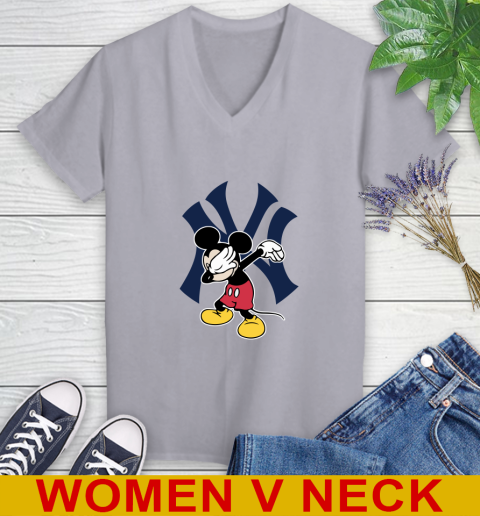 New York Yankees MLB Baseball Dabbing Mickey Disney Sports Women's V-Neck T-Shirt 5
