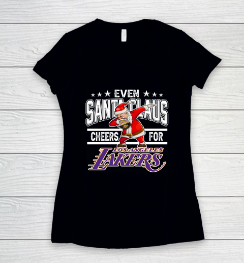 Los Angeles Lakers Even Santa Claus Cheers For Christmas NBA Women's V-Neck T-Shirt
