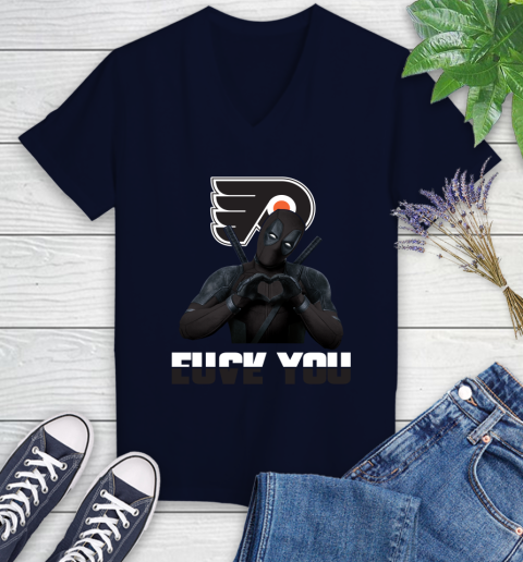 NHL Philadelphia Flyers Deadpool Love You Fuck You Hockey Sports Women's V-Neck T-Shirt 2