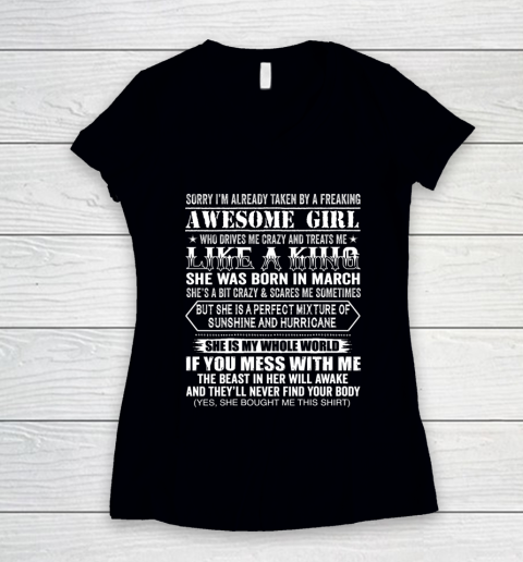 Sorry I m Already Taken by a Freaking Awesome Girl March Birthday Women's V-Neck T-Shirt