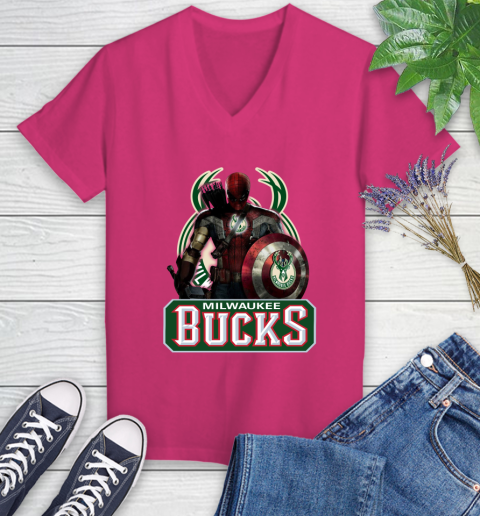 Milwaukee Bucks NBA Basketball Captain America Thor Spider Man Hawkeye Avengers Women's V-Neck T-Shirt 9