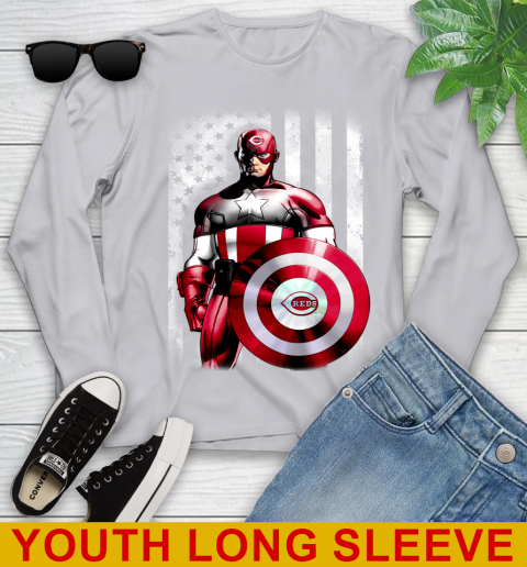 Cincinnati Reds MLB Baseball Captain America Marvel Avengers American Flag Shirt Youth Long Sleeve 5