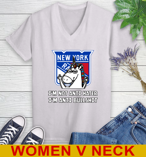 New York Rangers NHL Hockey Unicorn I'm Not Anti Hater I'm Anti Bullshit Women's V-Neck T-Shirt